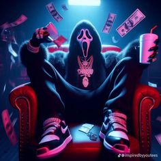 a person in a black mask sitting on a red chair with money falling from the ceiling