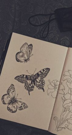 an open book with drawings of butterflies on it