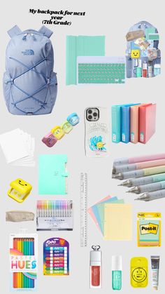 an assortment of school supplies including notebooks, pens and pencils