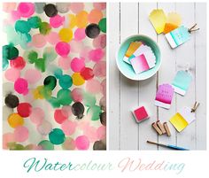 watercolor wedding cards with colorful confetti and popsicles in bowls on the table