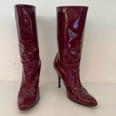 Good Condition, Signs Of Creasing From Wear And Signs Of Wear On The Heel. Crafted From A Burgundy/Red Patent Leather. Size 40 Elegant Red Patent Leather Boots, Red Fitted Patent Leather Heeled Boots, Fitted Red Patent Leather Heeled Boots, Party Leather Boots In Burgundy, Burgundy Leather Heeled Boots For Party, Party Burgundy Leather Boots, Elegant Burgundy Party Boots, Burgundy Pointed Toe Heeled Boots For Formal Occasions, Lanvin Shoes