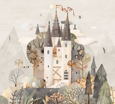 an illustration of a castle surrounded by trees