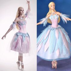 a barbie doll dressed in pink and blue is next to an image of a barbie doll