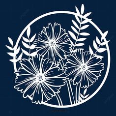 some flowers are in a circle on a dark blue background with white outline and leaves