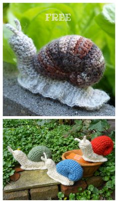 crocheted snails sitting on top of each other in different colors and sizes