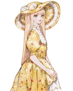 a drawing of a woman wearing a yellow dress and large hat with flowers on it