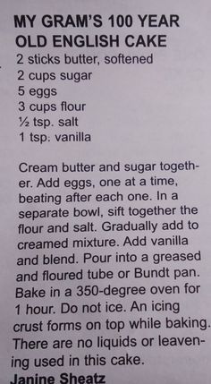 an old english cake recipe is shown in the kitchen paper, with instructions for how to make it