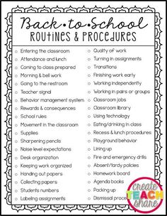 the back to school routine is shown in this black and white printable poster with text