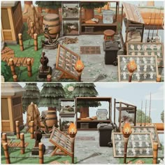 there are two pictures of an outdoor area with furniture and fire pits on the ground