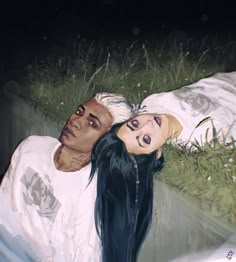 a painting of a man and woman laying on top of each other in the grass