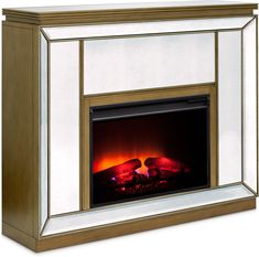 an electric fireplace with gold and white trim