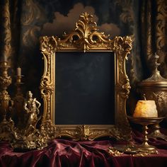 an ornate gold frame sitting on top of a table next to a vase and candle