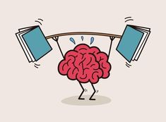 a cartoon brain is holding two books above his head