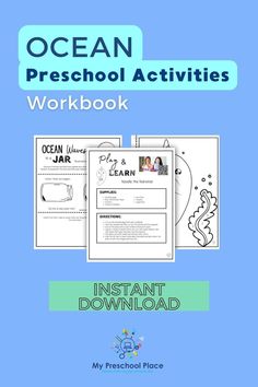 an ocean preschool activity workbook with pictures and text on the front, in blue background