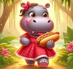 a cartoon hippo is holding a hot dog in her hand and wearing a red dress