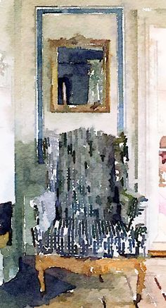 a watercolor painting of a chair in front of a mirror