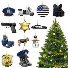 a christmas tree decorated with police ornaments