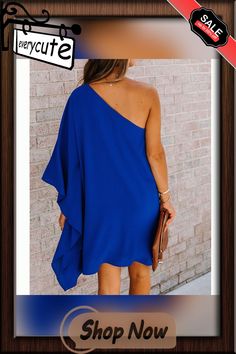 Blue Sloping Shoulder One Piece Casual Dress Blue Solid Color Dress For Brunch, Elegant Royal Blue Mini Dress For Summer, Blue Solid Color Mini Dress For Beach, Blue Mini Dress For Beach, Blue Solid Color Dress For Vacation, Blue Mini Dress For The Beach, Blue One-shoulder Sleeveless Dress For Summer, Casual Blue Off-shoulder Dress For Day Out, Blue Off-shoulder Casual Dress For Vacation