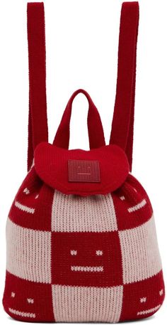 Knit wool backpack in pink and red. Jacquard check pattern throughout. Mini Bag, Shoulder Strap, Wool Backpack, Pink And Red, Check Pattern, Curator Style, Deep Red, Pink Red, Shoulder Straps