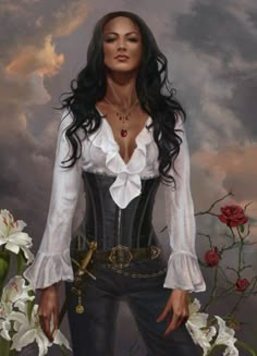 a painting of a woman wearing a corset with flowers in front of her