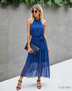 Lasaky - Fashionable Solid Color Halter Neck Backless Strap Dress Summer Cocktail Dress Classy, High Neck Midi Dress, Ruffle Midi Dress, Sheer Skirt, Dress Halter, Summer Boho, Tie Waist Dress, Maxi Dress Online, Soft Skin