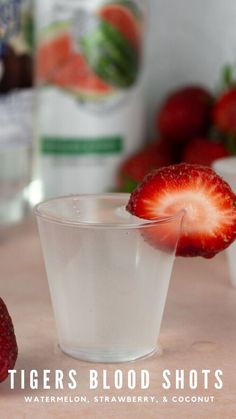 tigers blood shots recipe | strawberry watermelon coconut shots recipe Clear Alcoholic Drinks, Coconut Shots, Clear Cocktails, Alcoholic Shots, Vodka Watermelon, Edible Shot Glasses, Shooter Recipes, Booze Drink