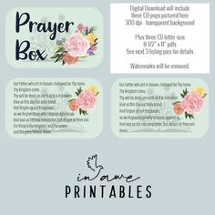 the printable prayer box is shown in three different colors and font, including roses