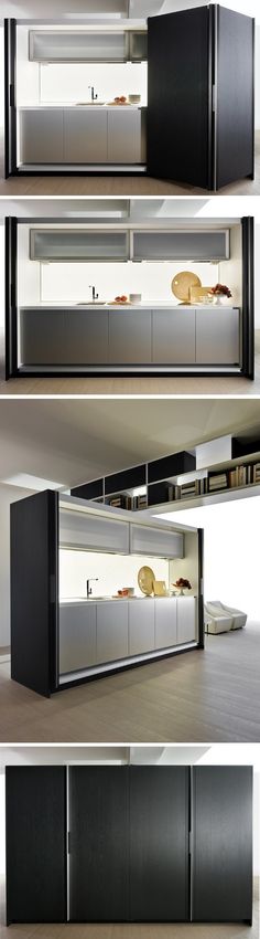 three different views of an open cabinet in the middle of a room with white walls and wood flooring