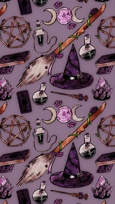 a purple background with witches hats, brooms and other items on it's surface