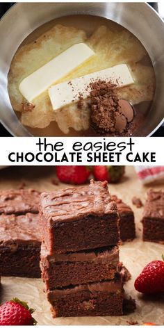 chocolate sheet cake cut into squares and placed on a cutting board with strawberries in the background