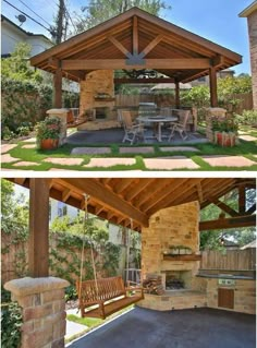 an outdoor kitchen is built into the side of a house, and has a swing