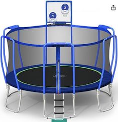 an empty trampoline with ladders and safety rails on the bottom, in front of a white background