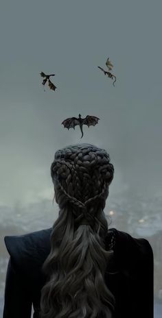 the back of a woman's head with dragon wings flying above her and two birds in the sky