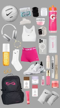 the contents of a women's sports brach laid out on a gray background