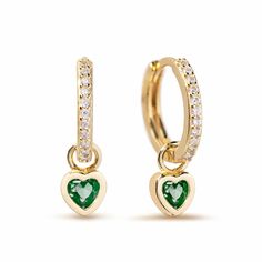 A tiny Emerald bezel set heart charm dangles from pavé huggie hoop earrings.| Lead and Nickel free.Sold as a PAIR Gold Vermeil (Thick layer of Gold plated over Sterling Silver) Emerald Cubic Zirconia Gemstone Heart Charm 5mm(0.2in) Hoop: Inside Diameter 9mm(0.35in), Thickness 1.5mm(0.06in) Hinge closure #E445-GEM Charm Huggie Earrings, Dainty Small Hoop Heart Charm Jewelry, Dainty Heart Charm Dangle Huggie Earrings, Knots Jewelry, Jewelry Gift Guide, Moms Bracelet, Choker Pendant, Hoop Earrings Gold, Nose Jewelry