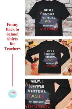 the back to school shirts for teachers are shown in three different colors and sizes, including black