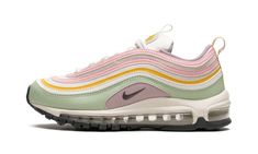 The Women’s Nike Air Max 97 “Multi-Pastel” is a women’s-exclusive colorway of the retro running shoe with multiple pastel colors on its design.  Ideal for warm weather wear, the Air Max 97 “Multi-Pastel” features a white mesh base with pink, mustard, and mint green leather overlays.  A black Swoosh appears within the lilac-colored overlay on the sides above the Sail foam midsole.  Small Swoosh branding is also found on the tongue.  Grey “Air Max” detailing appears on the pull tab on the heel.  F White Melon, Pastel Shoes, Retro Running Shoes, Air Max Women, Weather Wear, New Nike Air, Nike Air Max 97, Neon Orange, Running Sneakers