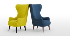 two chairs side by side, one in blue and the other in yellow with wood legs