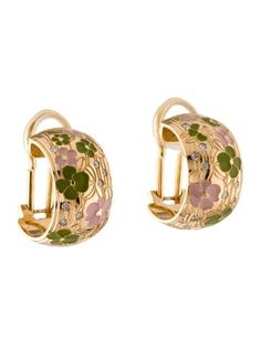 18K Yellow Gold & EnamelIncludes Generic Pouch Luxury Gold-tone Earrings, Jewelry Earrings, Pouch, Yellow Gold, Yellow, Floral, Green, Pink, Gold