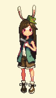 a pixel art girl with bunny ears on her head holding a camera and looking at the screen