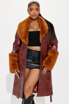 Available In Black And Camel. Faux Leather Trench Coat Textured Faux Leather Fur Trim Belted Trench Coat Cold Weather Shell: 100% Polyurethane Lining: 100% Polyester Imported | Wanna Be Loved Trench Coat in Camel size Small by Fashion Nova Uk Winter Fashion, Faux Leather Trench Coat, Fur Leather Jacket, Long Leather Coat, Color Season, Leather Trench, Belted Trench Coat, Leather Trench Coat, Cute Comfy Outfits