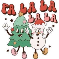 a cartoon christmas tree and snowman with the words fa la la