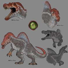 an image of dinosaurs with their mouths open and green eyes in different positions on a gray background