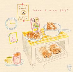 a drawing of croissants in an oven with coffee and juice on the counter