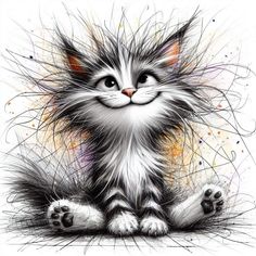 a drawing of a cat with lots of hair on it's face and paws