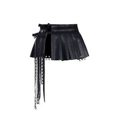 Edgy pleated mini skirt in sleek jet black faux leather. Features an asymmetrical design with a longer panel on one side. Adorned with multiple decorative elements including buckle straps, silver rings, and dangling chains. Velvet accents add textural contrast. Pleated structure provides movement and flexibility. Model info Height: 175cm Wearing size：F Punk Mini Skirt, Velvet Accents, Angel Dress, Gothic Punk, Skirt Belt, Decorative Elements, Asymmetrical Design, Black Mini Skirt, Leather Mini Skirts