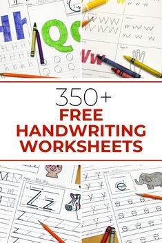 handwriting worksheets for kids with the title overlay that reads 350 + free handwriting worksheets