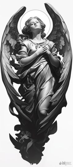 an angel with wings is shown in black and white