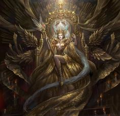 a woman sitting on top of a golden throne surrounded by candles and angel like wings