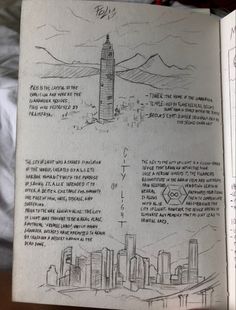 an open book with drawings on it in the shape of a tower and other buildings